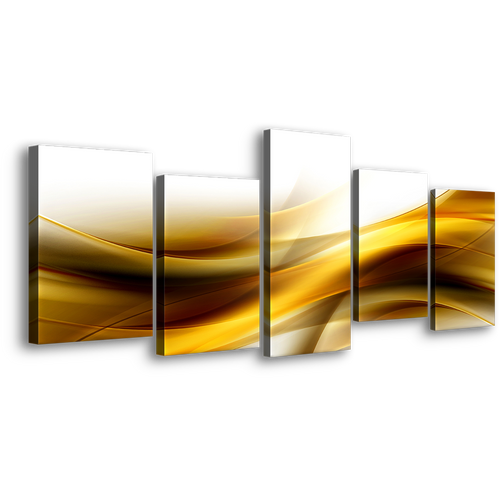 Waves Design Canvas Wall Art, Abstract Gold Waves Canvas Print, Yellow Abstract Patterns 5 Piece Multiple Canvas