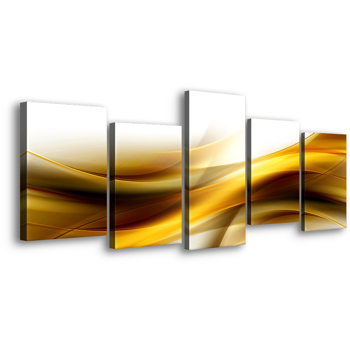 Waves Design Canvas Wall Art, Abstract Gold Waves Canvas Print, Yellow Abstract Patterns 5 Piece Multiple Canvas