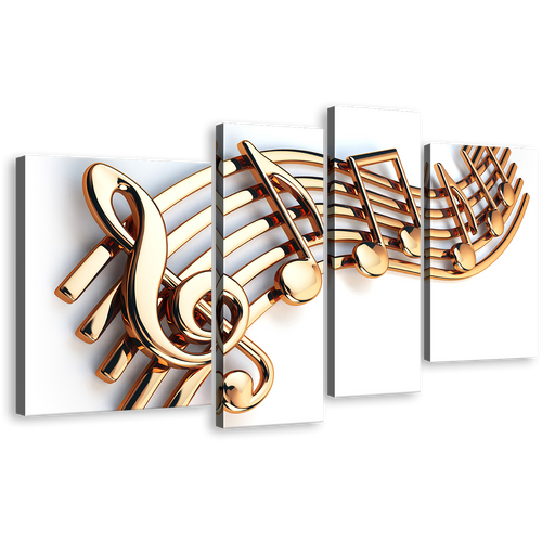 Wavy Lines Canvas Wall Art, Gold Isolated Musical Note String Canvas Set, White Background 3D Music Note 4 Piece Canvas Print