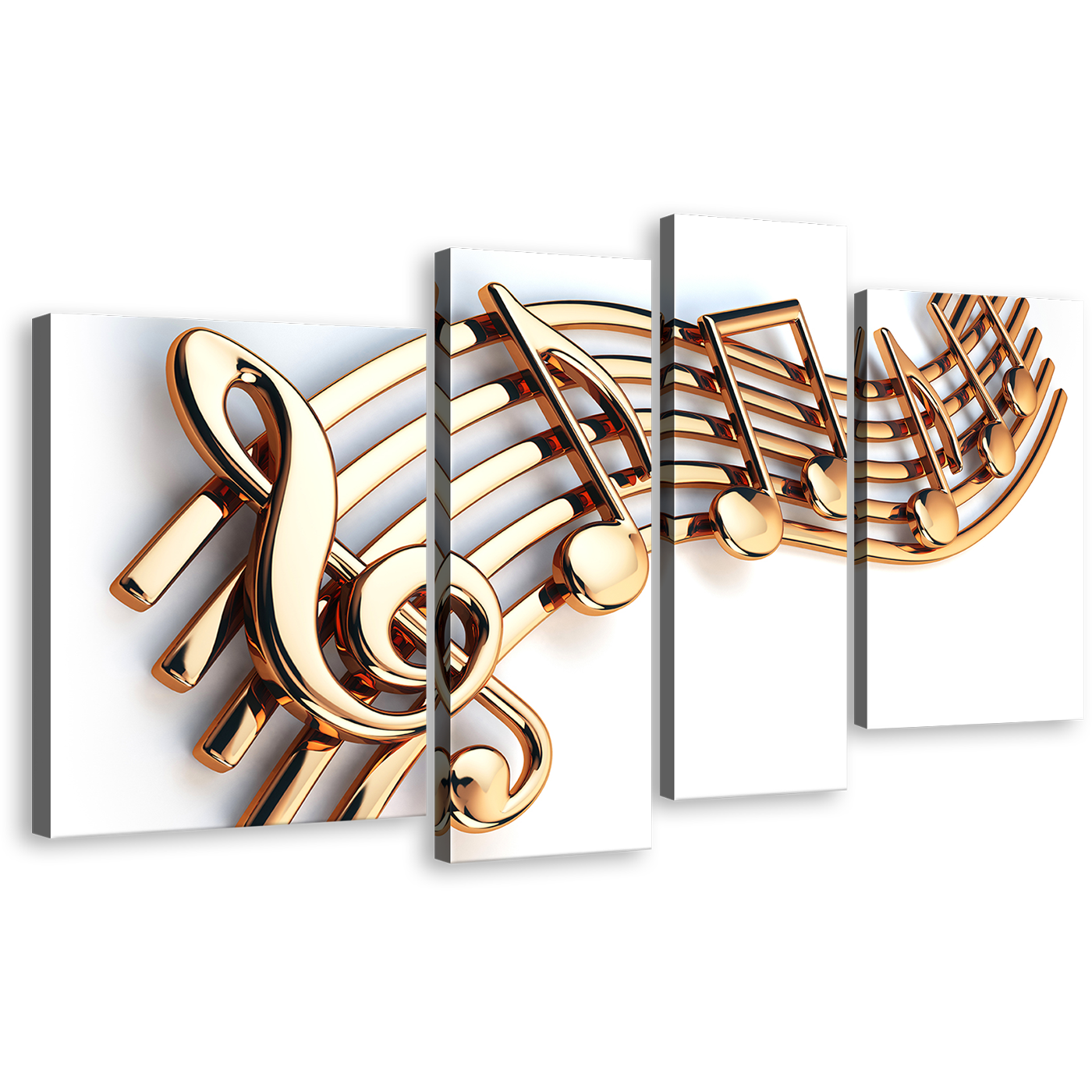 Wavy Lines Canvas Wall Art, Gold Isolated Musical Note String Canvas Set, White Background 3D Music Note 4 Piece Canvas Print