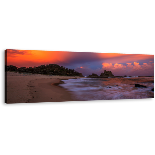 Wellington Beach Canvas Wall Art, Nambucca Heads Blue Ocean Panoramic Canvas Print, Dramatic Orange Sky Ocean Beach Canvas Artwork