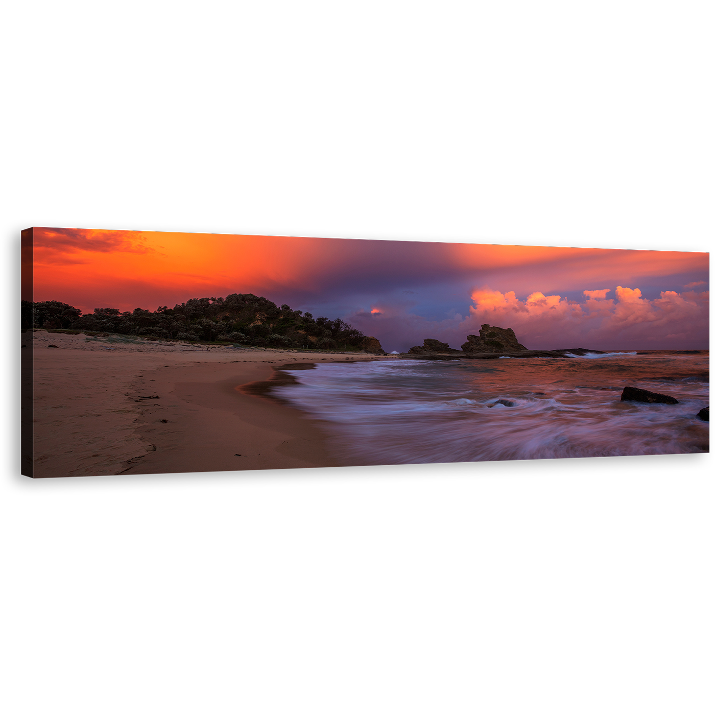 Wellington Beach Canvas Wall Art, Nambucca Heads Blue Ocean Panoramic Canvas Print, Dramatic Orange Sky Ocean Beach Canvas Artwork