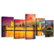 Load image into Gallery viewer, Westminster Bridge Canvas Wall Art, Purple Sunset London Bridge 5 Piece Canvas Print, Dramatic Yellow City Sunset Canvas Set
