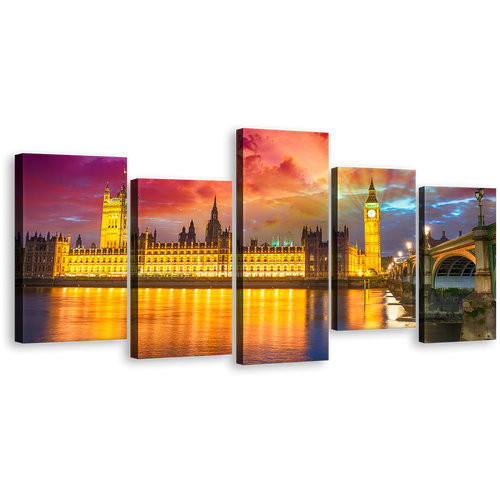 Westminster Bridge Canvas Wall Art, Purple Sunset London Bridge 5 Piece Canvas Print, Dramatic Yellow City Sunset Canvas Set