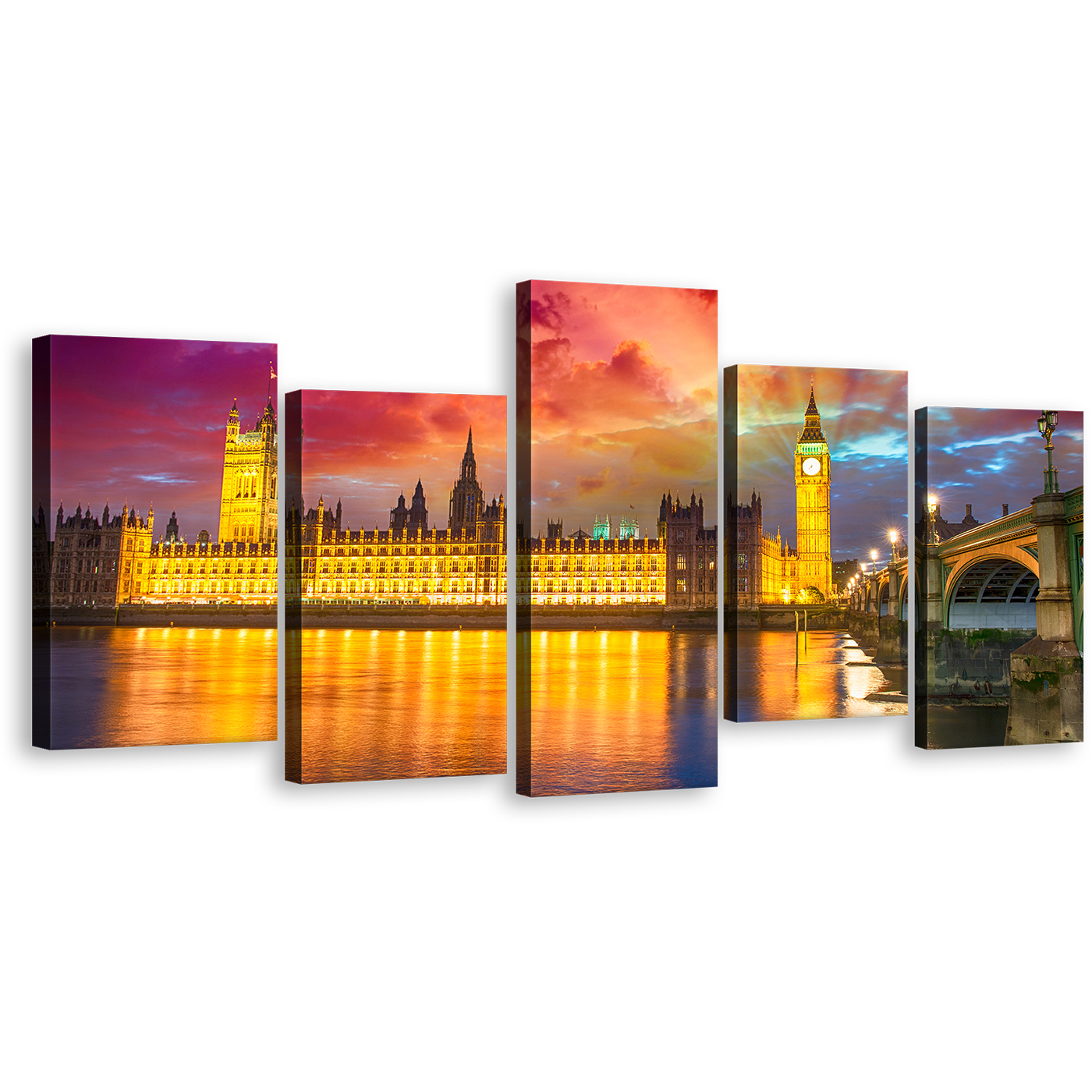 Westminster Bridge Canvas Wall Art, Purple Sunset London Bridge 5 Piece Canvas Print, Dramatic Yellow City Sunset Canvas Set