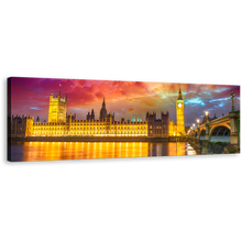 Load image into Gallery viewer, Westminster City Canvas Wall Art, Dramatic Purple Sunset Canvas Print, Beautiful Yellow London Bridge 1 Piece Canvas Artwork
