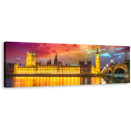 Westminster City Canvas Wall Art, Dramatic Purple Sunset Canvas Print, Beautiful Yellow London Bridge 1 Piece Canvas Artwork