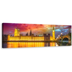 Westminster City Canvas Wall Art, Dramatic Purple Sunset Canvas Print, Beautiful Yellow London Bridge 1 Piece Canvas Artwork