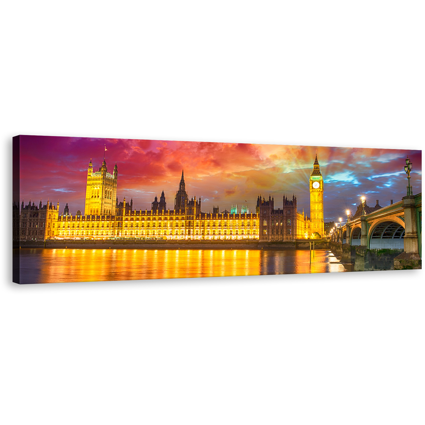 Westminster City Canvas Wall Art, Dramatic Purple Sunset Canvas Print, Beautiful Yellow London Bridge 1 Piece Canvas Artwork