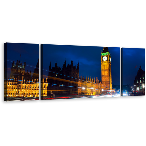 Westminster City Wall Art, Gold Big Ben Light Trail 3 Piece Canvas Print, London Blue Sky Clock Tower Multiple Canvas