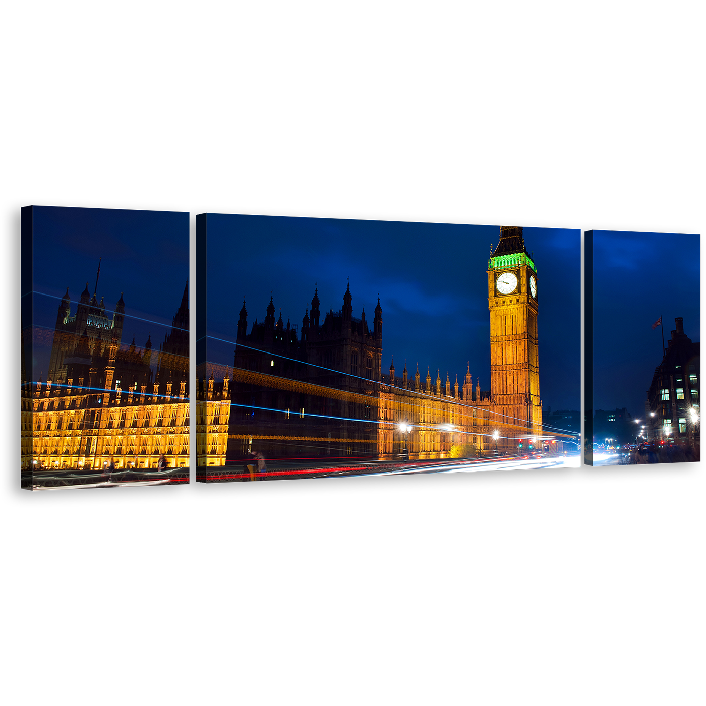 Westminster City Wall Art, Gold Big Ben Light Trail 3 Piece Canvas Print, London Blue Sky Clock Tower Multiple Canvas