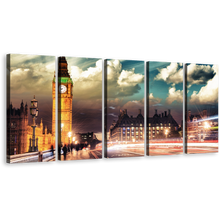 Load image into Gallery viewer, Westminster City Wall Art, London Green Sky Clock Tower Canvas Print, Gold Big Ben Light Trail 5 Piece Multiple Canvas
