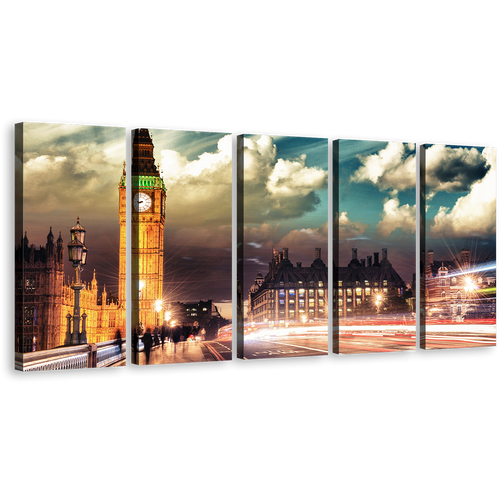 Westminster City Wall Art, London Green Sky Clock Tower Canvas Print, Gold Big Ben Light Trail 5 Piece Multiple Canvas