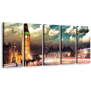 Westminster City Wall Art, London Green Sky Clock Tower Canvas Print, Gold Big Ben Light Trail 5 Piece Multiple Canvas