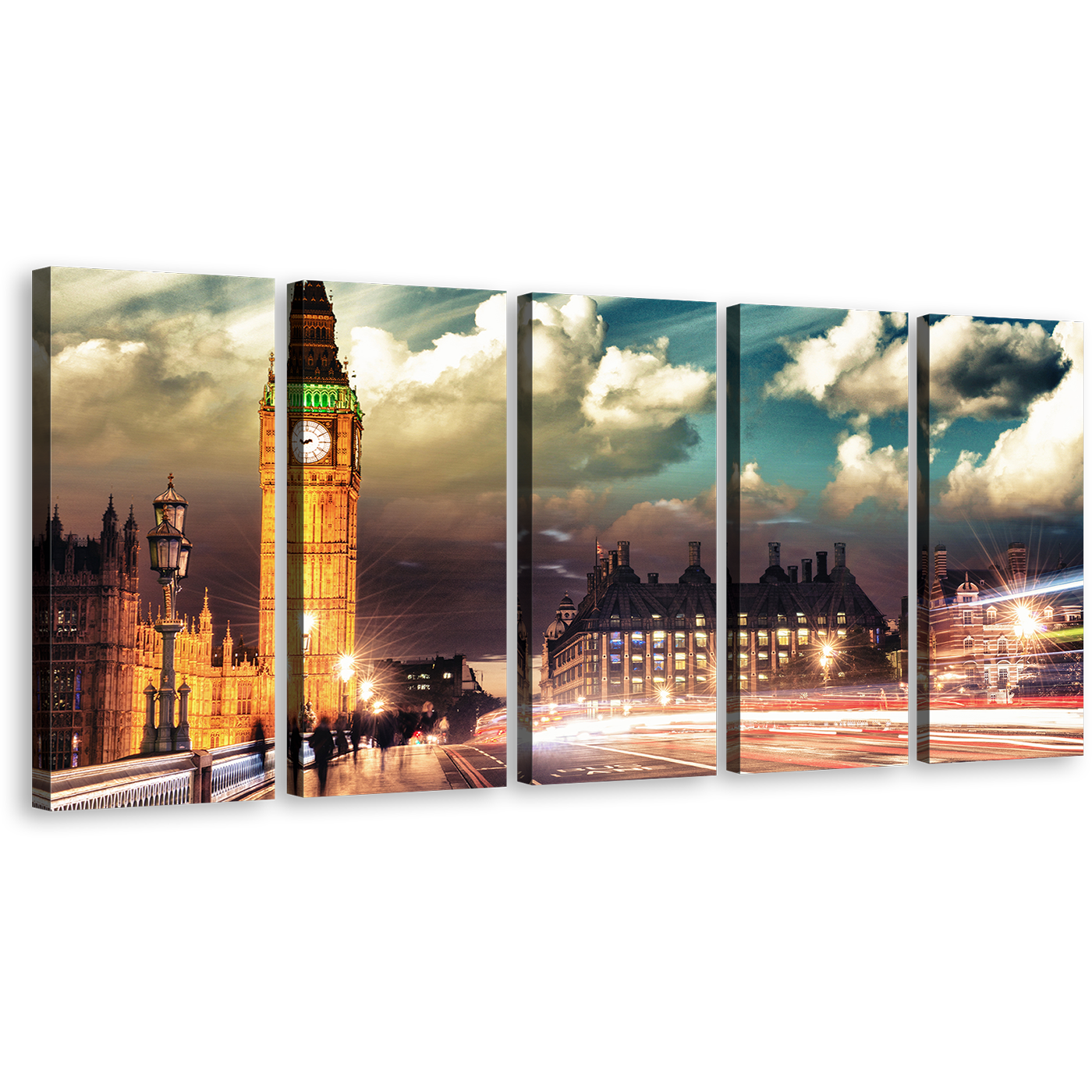 Westminster City Wall Art, London Green Sky Clock Tower Canvas Print, Gold Big Ben Light Trail 5 Piece Multiple Canvas