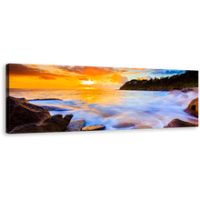 Load image into Gallery viewer, Whale Beach Canvas Wall Art, Sydney Blue Seascape Wide Canvas, Yellow Australia Beach Sunset Sky Panoramic Canvas Print, Ocean Rocks Canvas Artwork
