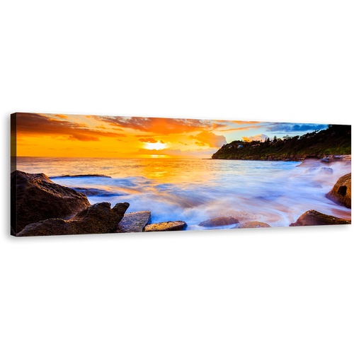 Whale Beach Canvas Wall Art, Sydney Blue Seascape Wide Canvas, Yellow Australia Beach Sunset Sky Panoramic Canvas Print, Ocean Rocks Canvas Artwork