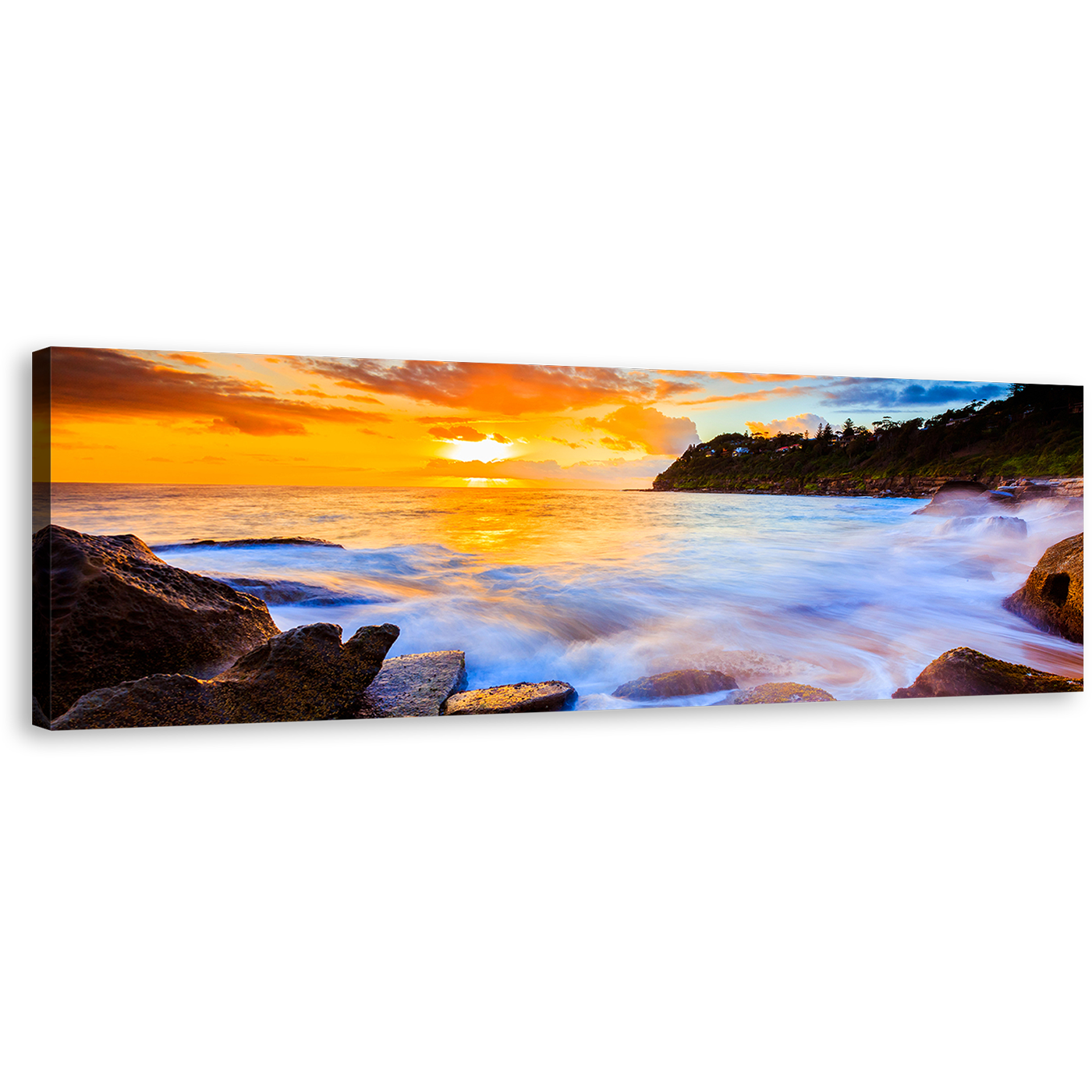 Whale Beach Canvas Wall Art, Sydney Blue Seascape Wide Canvas, Yellow Australia Beach Sunset Sky Panoramic Canvas Print, Ocean Rocks Canvas Artwork