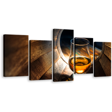 Load image into Gallery viewer, Whiskey Barrel Canvas Print, Yellow Wine Drink 5 Piece Wall Art, Whiskey Brown Oak Barrel Multiple Canvas
