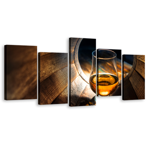 Whiskey Barrel Canvas Print, Yellow Wine Drink 5 Piece Wall Art, Whiskey Brown Oak Barrel Multiple Canvas