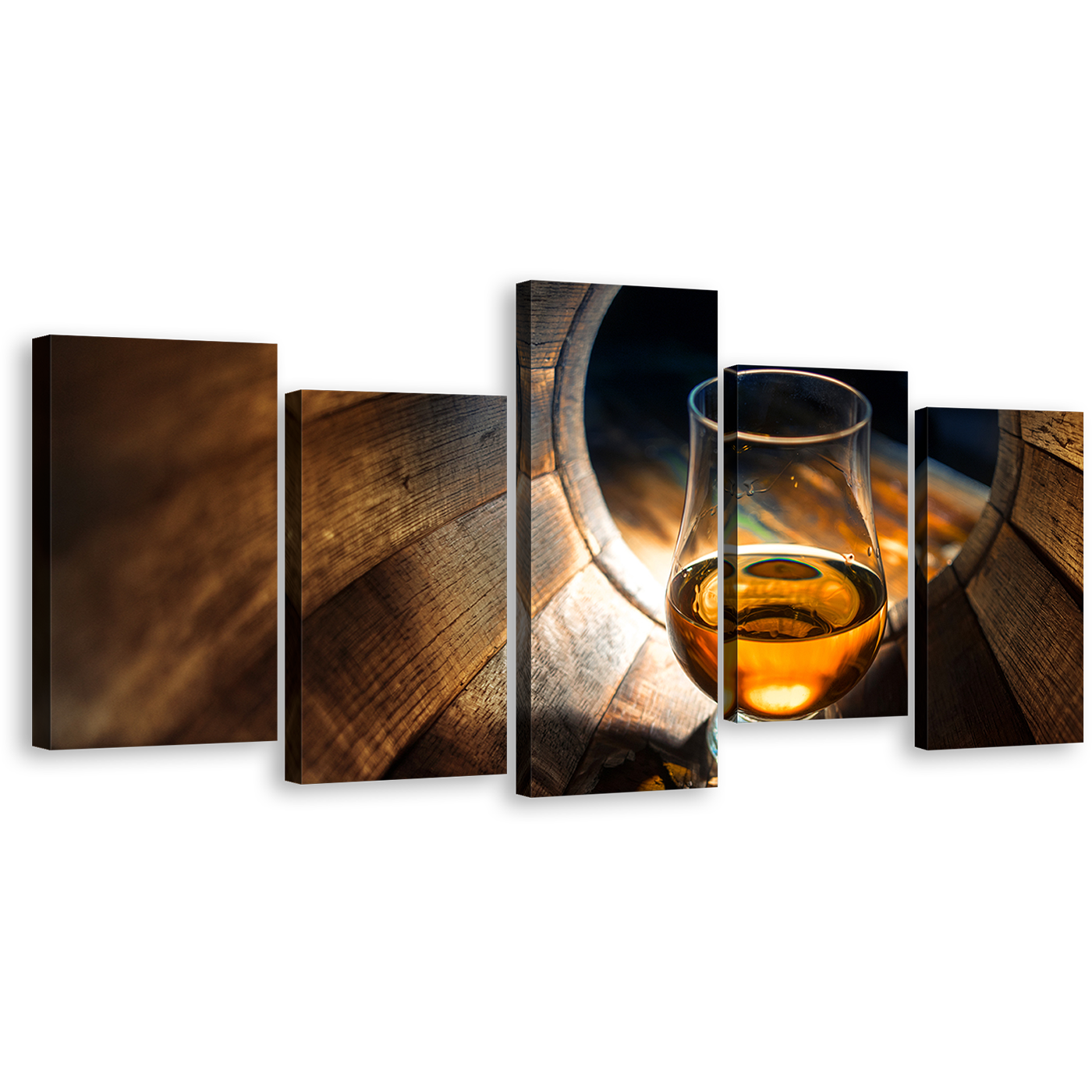 Whiskey Barrel Canvas Print, Yellow Wine Drink 5 Piece Wall Art, Whiskey Brown Oak Barrel Multiple Canvas