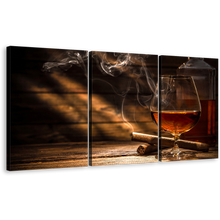 Load image into Gallery viewer, Whiskey Cigar Canvas Print, Orange Glass of Whiskey Triptych Canvas Set, Whiskey On Brown Wooden Table 3 Piece Canvas Wall Art
