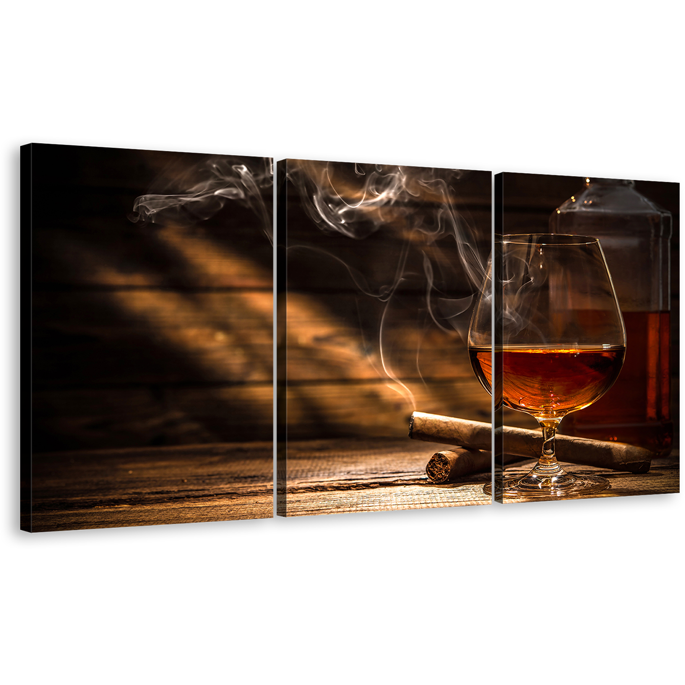 Whiskey Cigar Canvas Print, Orange Glass of Whiskey Triptych Canvas Set, Whiskey On Brown Wooden Table 3 Piece Canvas Wall Art