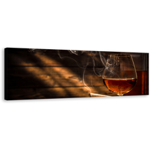 Load image into Gallery viewer, Whiskey Glass Canvas Wall Art, Whiskey On Brown Wooden Table 1 Piece Canvas Artwork, Classic Orange Whiskey Cigar Canvas Print
