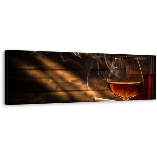 Whiskey Glass Canvas Wall Art, Whiskey On Brown Wooden Table 1 Piece Canvas Artwork, Classic Orange Whiskey Cigar Canvas Print