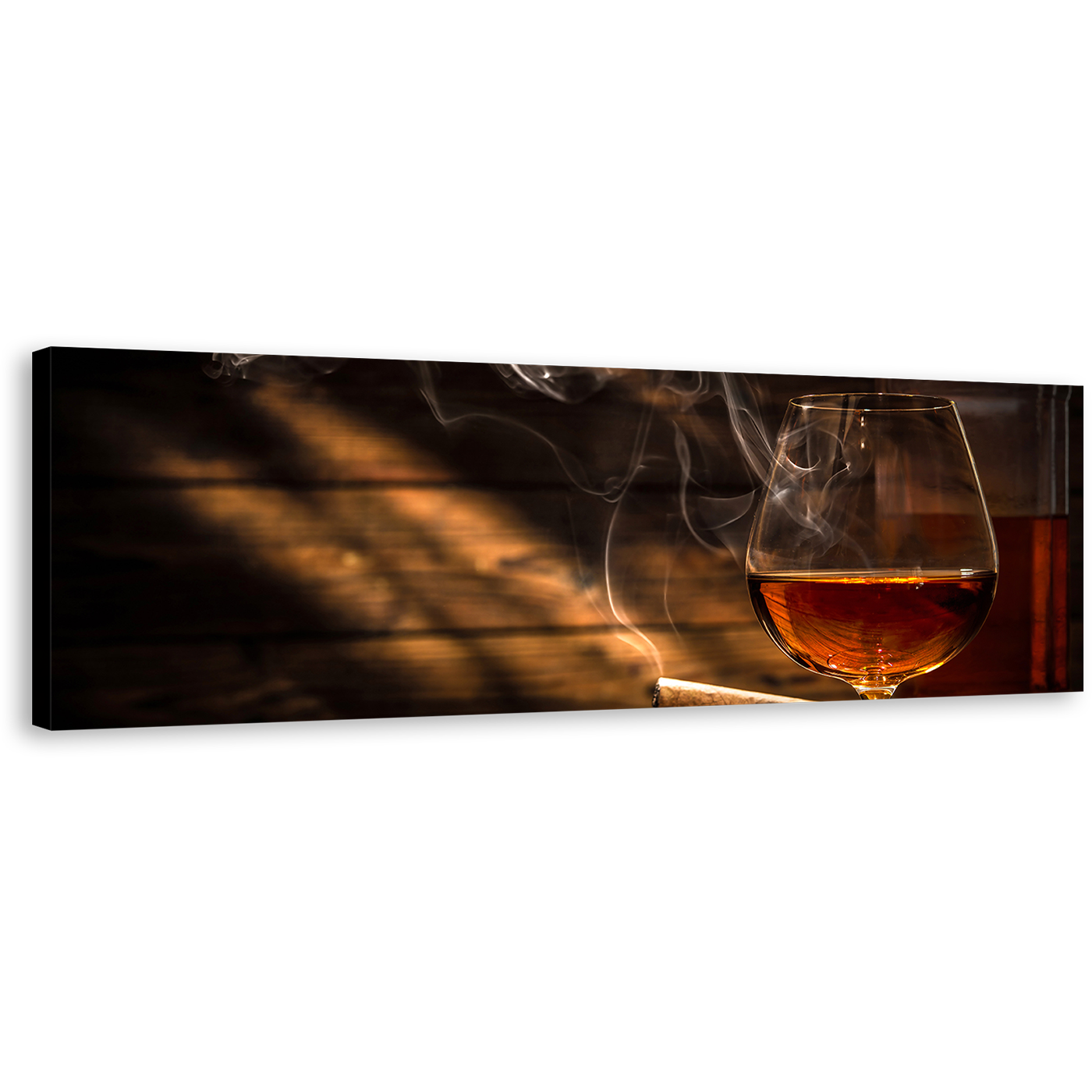 Whiskey Glass Canvas Wall Art, Whiskey On Brown Wooden Table 1 Piece Canvas Artwork, Classic Orange Whiskey Cigar Canvas Print