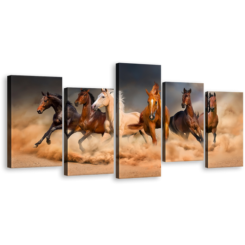 Wild Animal Canvas Wall Art, White Brown Horses Canvas Print, Wild Horses Herd 5 Piece Multiple Canvas