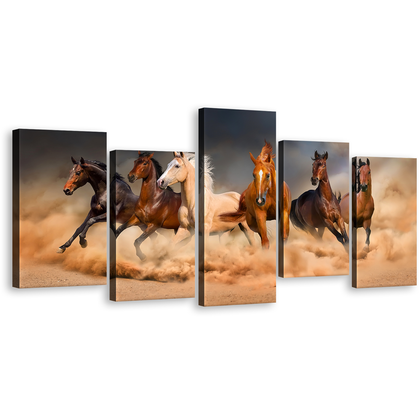 Wild Animal Canvas Wall Art, White Brown Horses Canvas Print, Wild Horses Herd 5 Piece Multiple Canvas