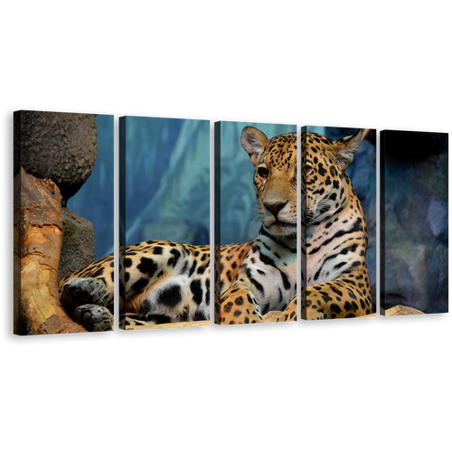 Wild Cat Canvas Print, Jaguar Resting 5 Piece Canvas Wall Art, Yellow White Jaguar Portrait Canvas Set