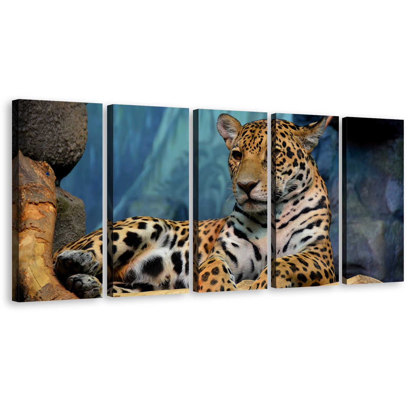 Wild Cat Canvas Print, Jaguar Resting 5 Piece Canvas Wall Art, Yellow White Jaguar Portrait Canvas Set