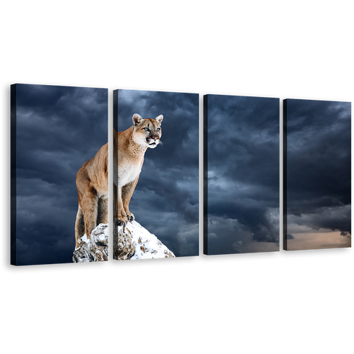 Wild Cat Canvas Wall Art, Brown Cougar Multi Canvas, White Mountain Lion Animal 4 Piece Canvas Print