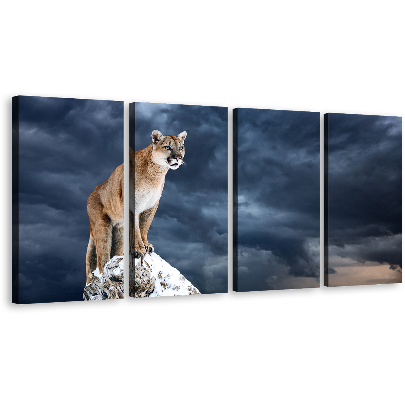 Wild Cat Canvas Wall Art, Brown Cougar Multi Canvas, White Mountain Lion Animal 4 Piece Canvas Print