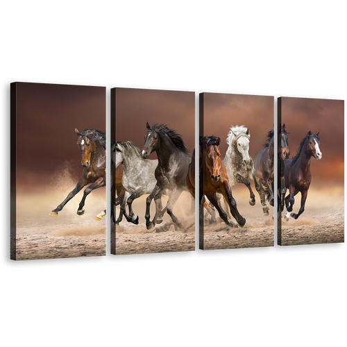 Wild Horse Canvas Print, Black Horses Running Forward Canvas Set, White Brown Herd of Horses Horses 4 Piece Canvas Wall Art