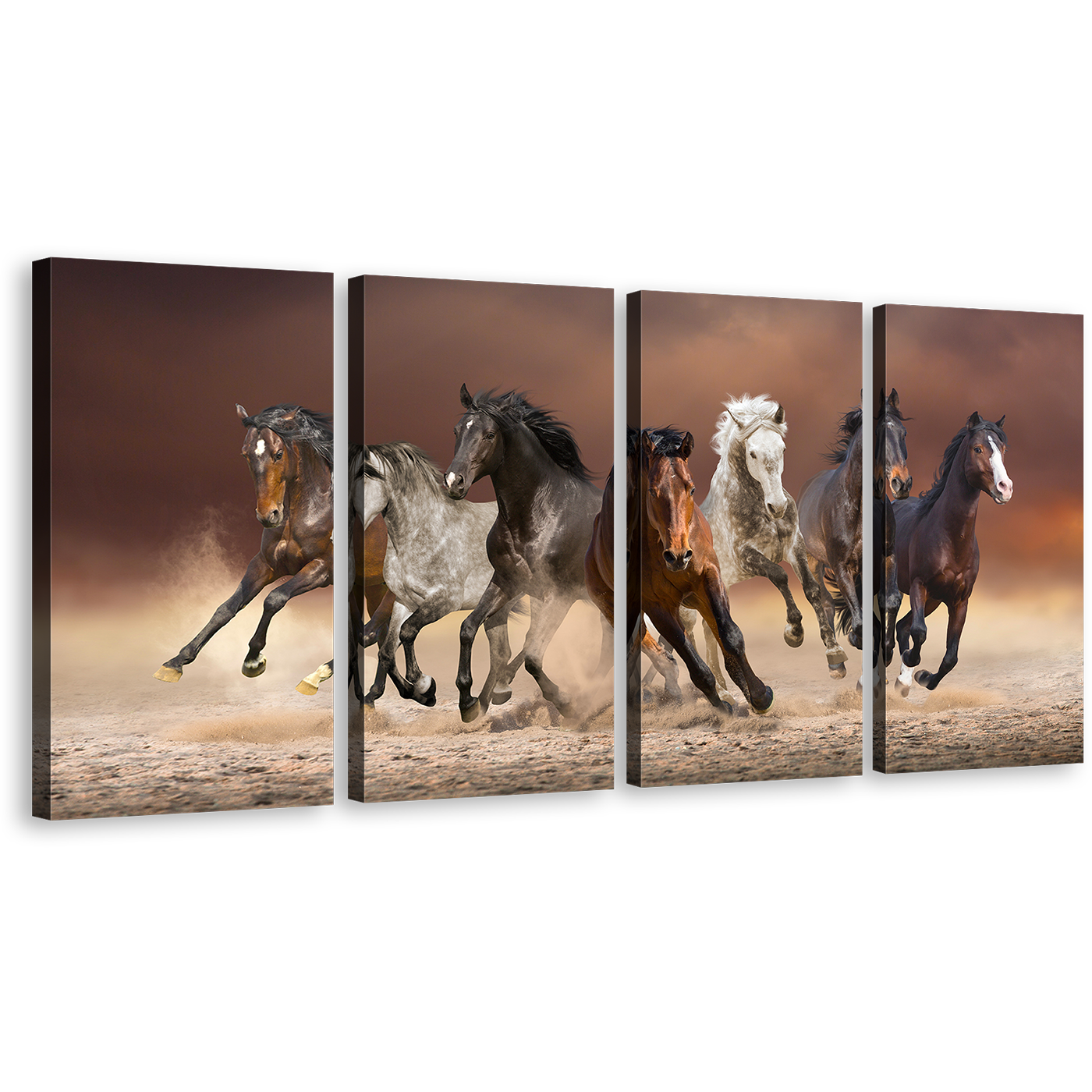 Wild Horse Canvas Print, Black Horses Running Forward Canvas Set, White Brown Herd of Horses Horses 4 Piece Canvas Wall Art