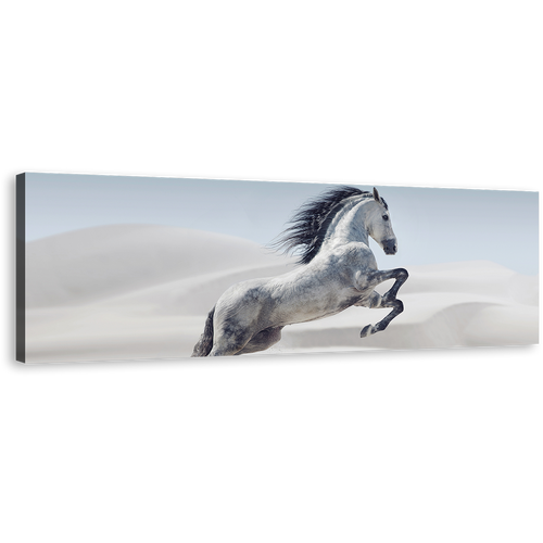 Wild Horse Canvas Wall Art, White Horse in White Dust Panoramic Canvas Print, Grey Horse in Air Canvas Artwork