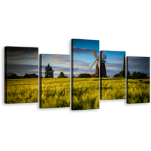 Load image into Gallery viewer, Windmill Nature Wall Art, Green Trees Scenery 5 Piece Canvas Print, Cloudy Blue Sky English Windmill Multiple Canvas
