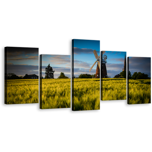 Windmill Nature Wall Art, Green Trees Scenery 5 Piece Canvas Print, Cloudy Blue Sky English Windmill Multiple Canvas