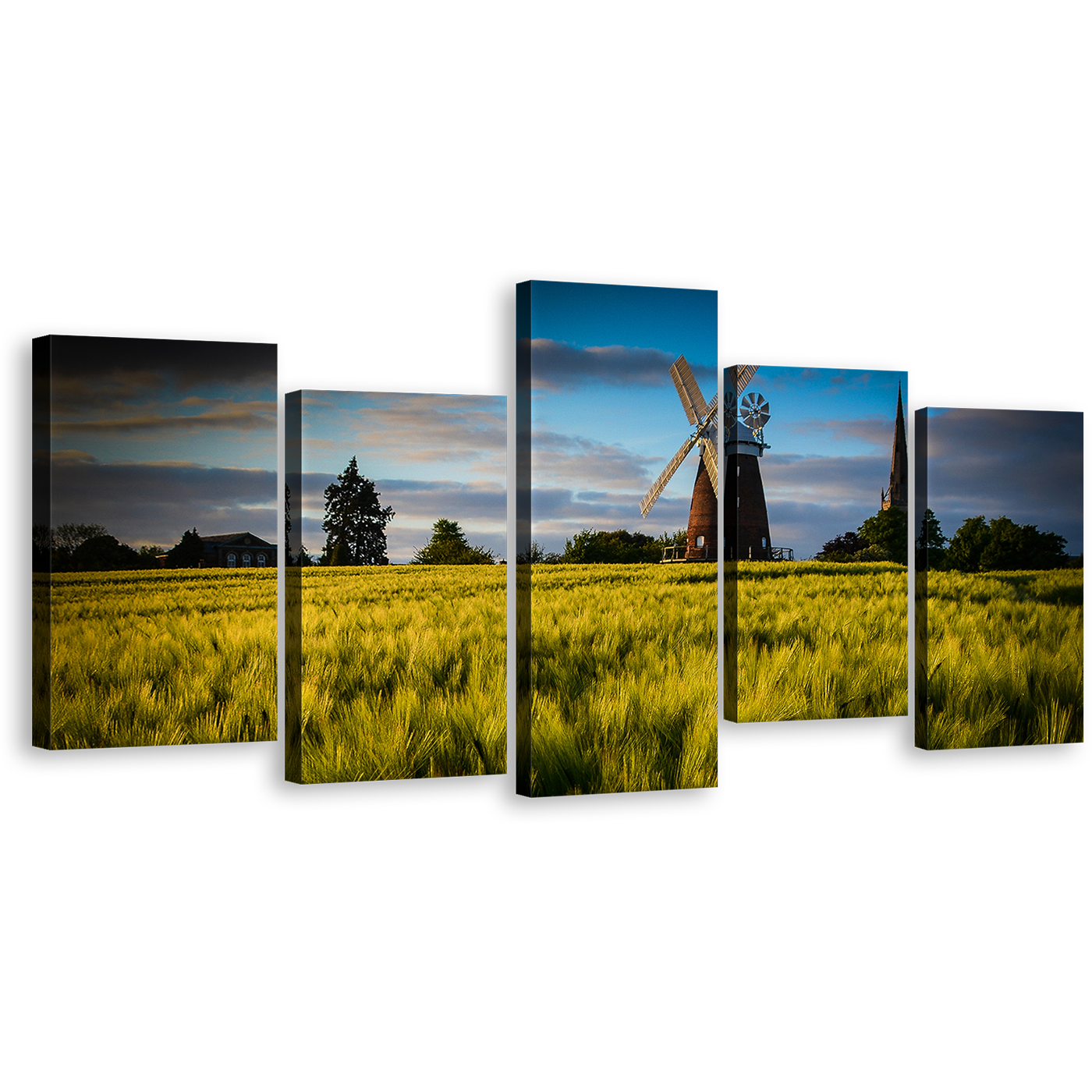 Windmill Nature Wall Art, Green Trees Scenery 5 Piece Canvas Print, Cloudy Blue Sky English Windmill Multiple Canvas