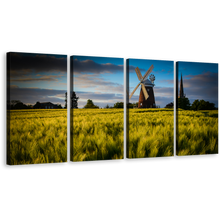 Load image into Gallery viewer, Windmill Scenery Canvas Print, Cloudy Blue Sky 4 Piece Canvas Multi-panel Art, Green Trees Nature Wall Art
