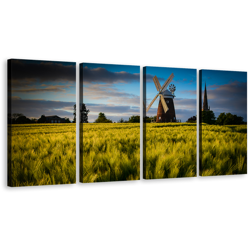 Windmill Scenery Canvas Print, Cloudy Blue Sky 4 Piece Canvas Multi-panel Art, Green Trees Nature Wall Art