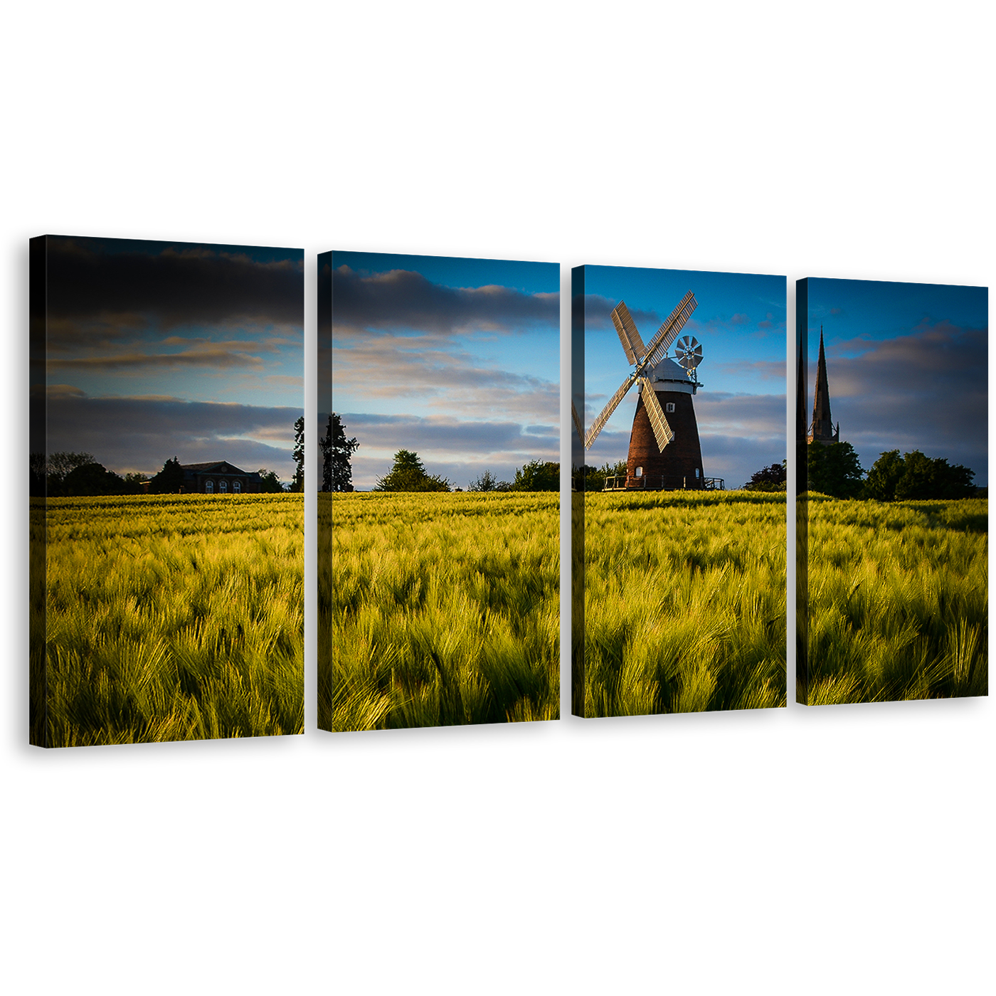 Windmill Scenery Canvas Print, Cloudy Blue Sky 4 Piece Canvas Multi-panel Art, Green Trees Nature Wall Art