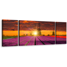 Load image into Gallery viewer, Windmill Scenery Canvas Print, Cloudy Orange Sky Windmill Triptych Multiple Canvas, Green Holland Landscape 3 Piece Canvas Wall Art, Purple Red Tulip Fields Canvas Set
