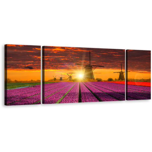 Windmill Scenery Canvas Print, Cloudy Orange Sky Windmill Triptych Multiple Canvas, Green Holland Landscape 3 Piece Canvas Wall Art, Purple Red Tulip Fields Canvas Set