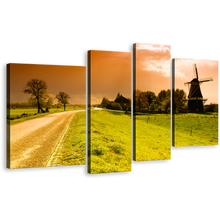 Load image into Gallery viewer, Windmill Scenery Canvas Print, Orange Sunset 4 Piece Wall Art, Beautiful Green Field Netherlands Windmill Multi Canvas
