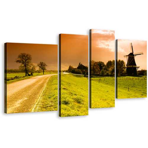 Windmill Scenery Canvas Print, Orange Sunset 4 Piece Wall Art, Beautiful Green Field Netherlands Windmill Multi Canvas