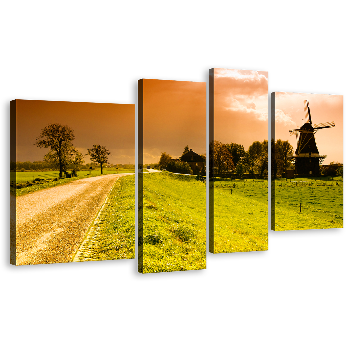 Windmill Scenery Canvas Print, Orange Sunset 4 Piece Wall Art, Beautiful Green Field Netherlands Windmill Multi Canvas